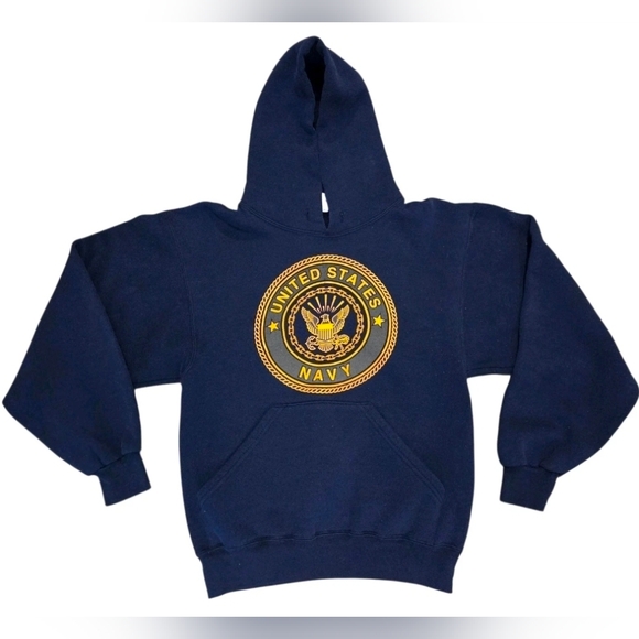 Vintage US Navy Graphic Hoodie USA Blue Gold Pullover Soffe Double Sided Adult S - Picture 1 of 10